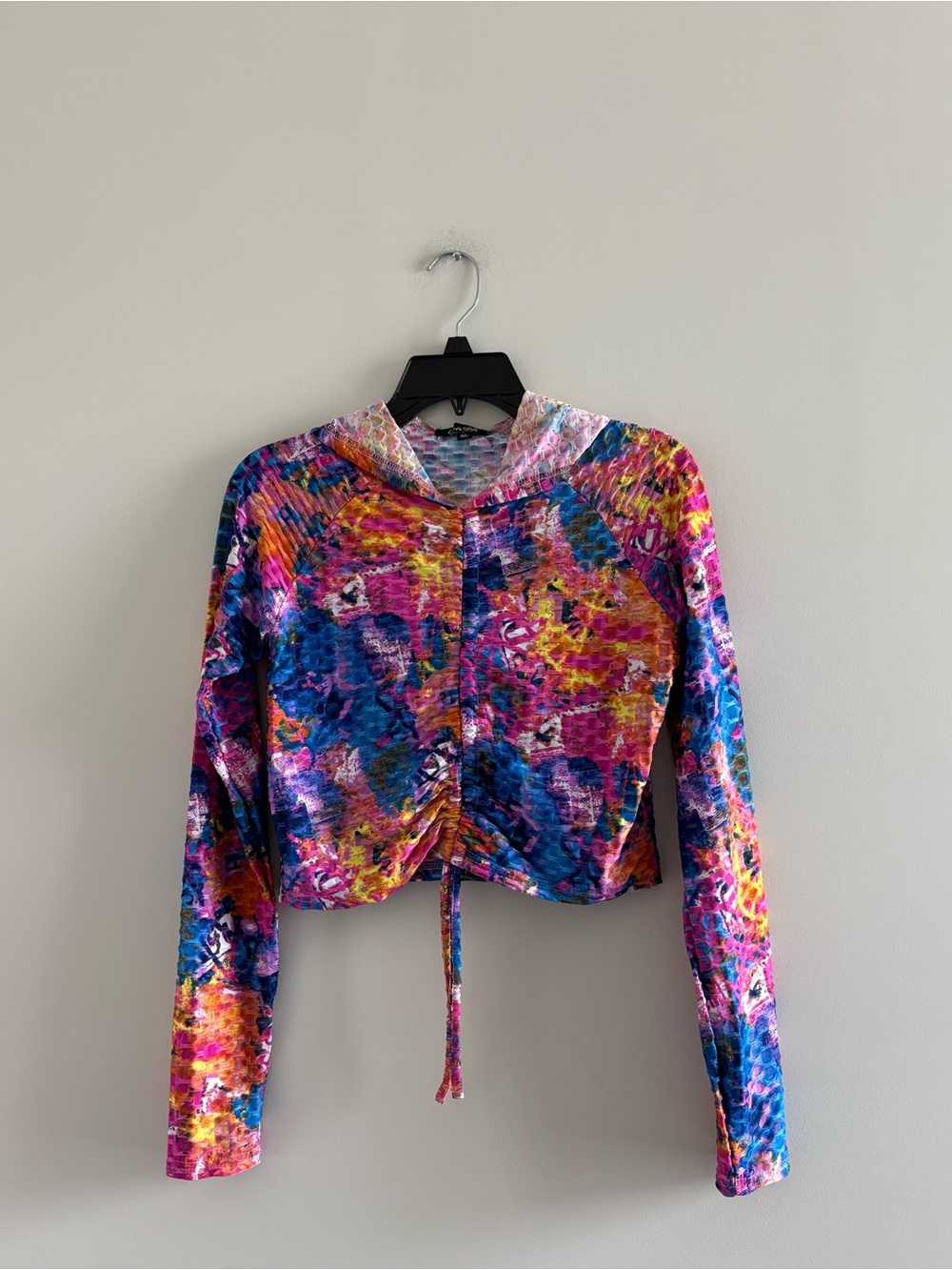 Y2K Love Star Crop Top Colorful Hooded Stretch XL Boho Eclectic Festival Rave